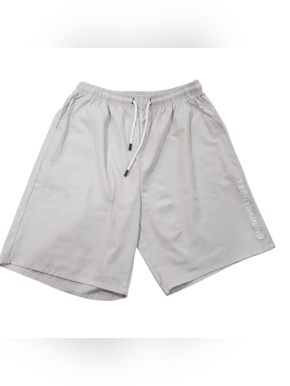 TECHTRAINING Men's Athletic Gym Shorts Beige Size S Elastic Waist Drawstring